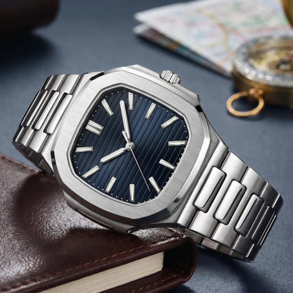 GLOW MARKER WATCH in Silver Blue - square steel watch with navy blue ribbed dial and day-date window