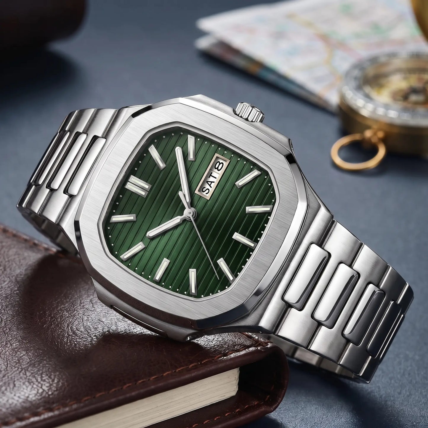 GLOW MARKER WATCH in Silver Green - square steel watch with deep green ribbed dial and day-date window