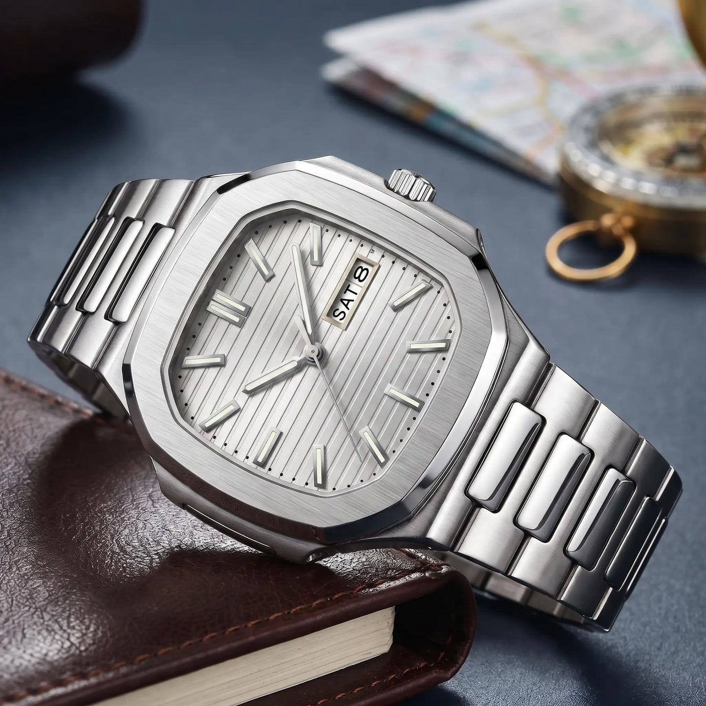 GLOW MARKER WATCH in Silver White - square steel watch with silver white ribbed dial and day-date window