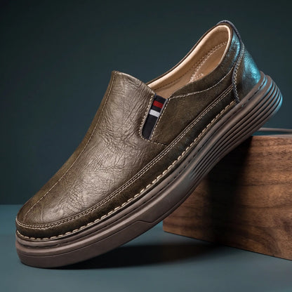 Brown genuine leather slip on loafers with stretch gore panel and layered platform sole