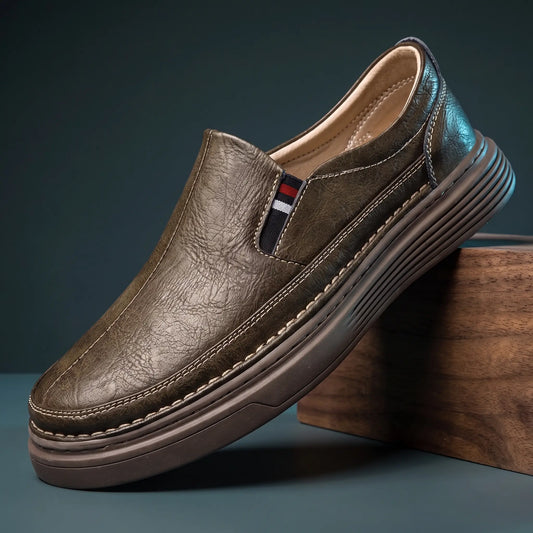 Brown genuine leather slip on loafers with stretch gore panel and layered platform sole