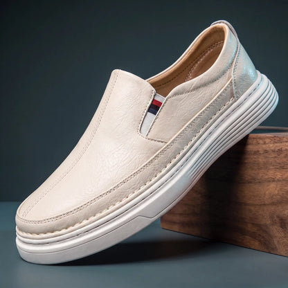 White genuine leather slip on loafers with stretch gore panel and white layered platform sole