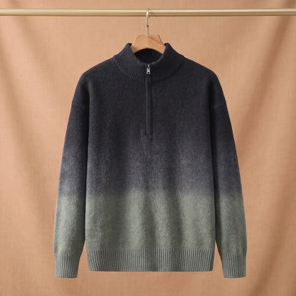 GRADIENT HALF-ZIP SWEATER Black - Black to sage green ombre half-zip sweater for men on a wooden hanger