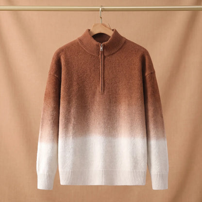 GRADIENT HALF-ZIP SWEATER Brown - Brown to cream ombre half-zip knit sweater for men on a wooden hanger