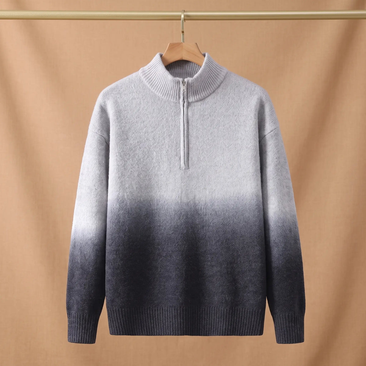 GRADIENT HALF-ZIP SWEATER Grey - Grey to charcoal ombre half-zip sweater for men on a wooden hanger