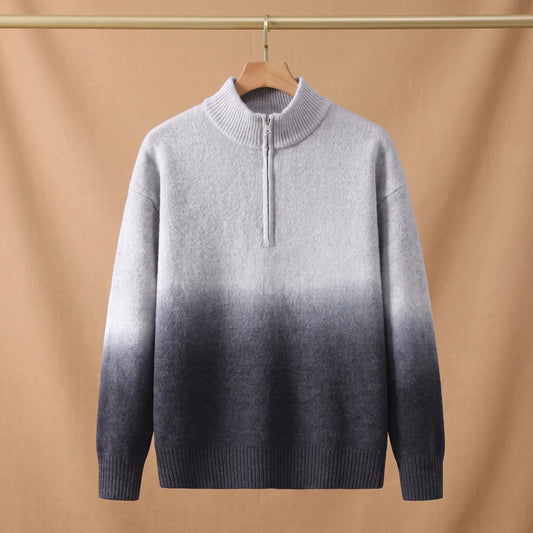 GRADIENT HALF-ZIP SWEATER Grey - Grey to charcoal ombre half-zip sweater for men on a wooden hanger