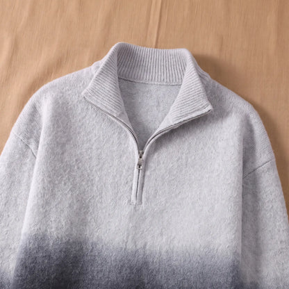 GRADIENT HALF-ZIP SWEATER Grey Collar Detail - Close-up of the ribbed high collar and zip on the grey ombre half-zip sweater