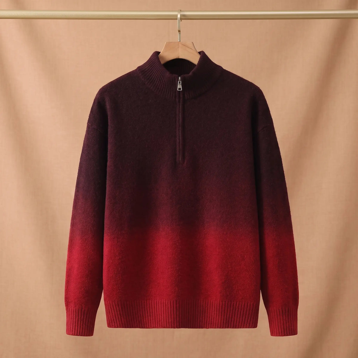 GRADIENT HALF-ZIP SWEATER Red - Dark red to bright red ombre half-zip sweater for men on a wooden hanger