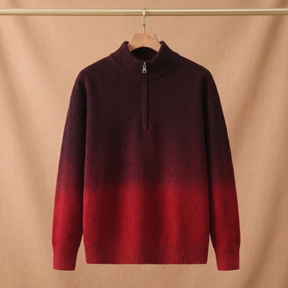 GRADIENT HALF-ZIP SWEATER Red - Dark red to bright red ombre half-zip sweater for men on a wooden hanger