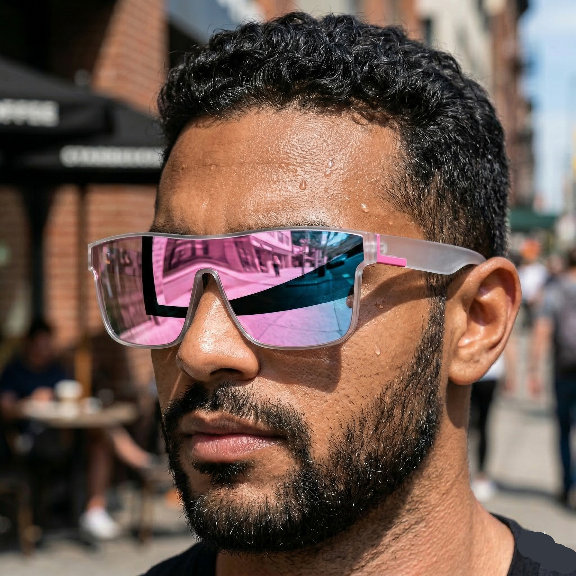 Man wearing reflective sunglasses on a city street