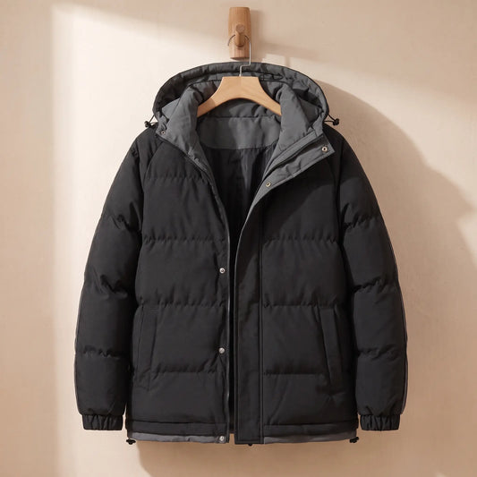Harbour hooded puffer in black on a wooden hanger