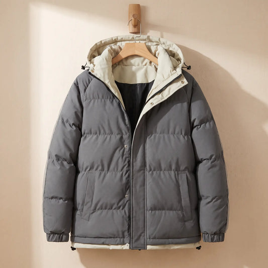 Harbour hooded puffer in grey on a wooden hanger