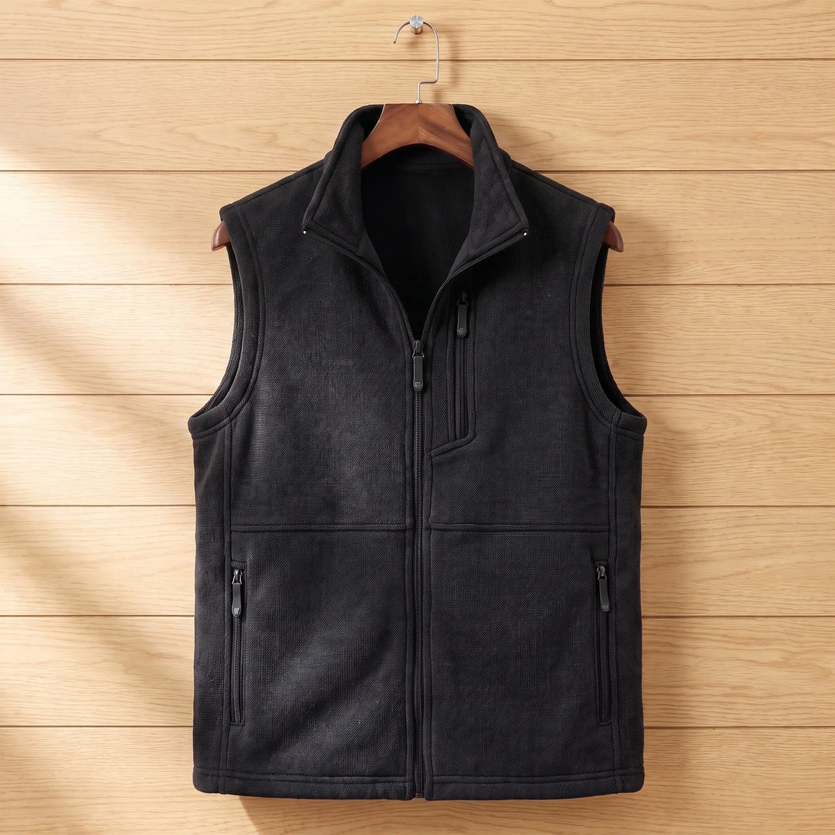 HEATHER FLEECE VEST in black, men's knit-texture fleece full-zip vest with stand collar