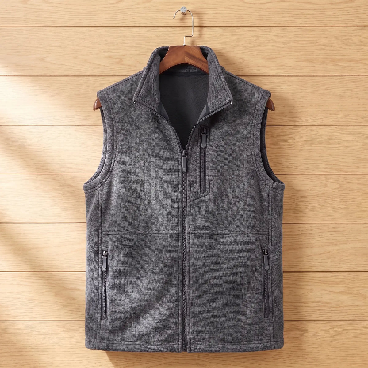 HEATHER FLEECE VEST in dark gray, men's knit-texture fleece full-zip vest with stand collar