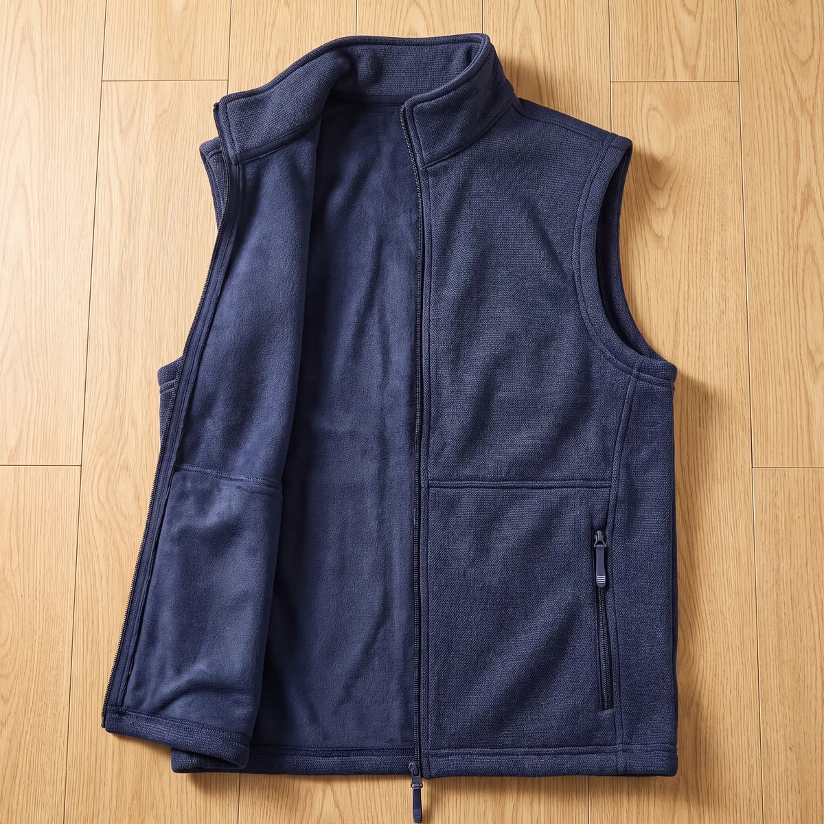 HEATHER FLEECE VEST opened to show the soft fleece inside, navy blue