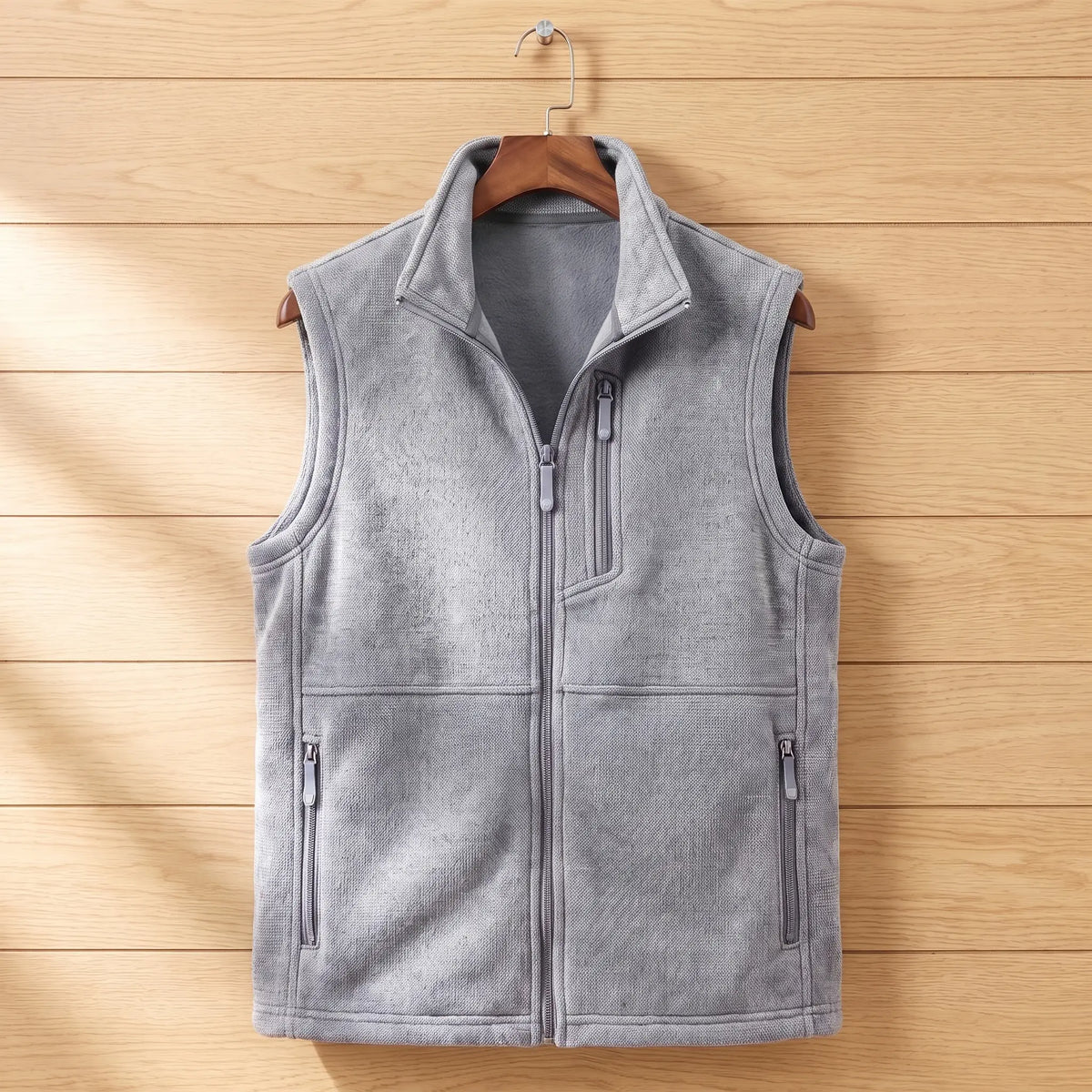HEATHER FLEECE VEST in light gray, men's knit-texture fleece full-zip vest with stand collar