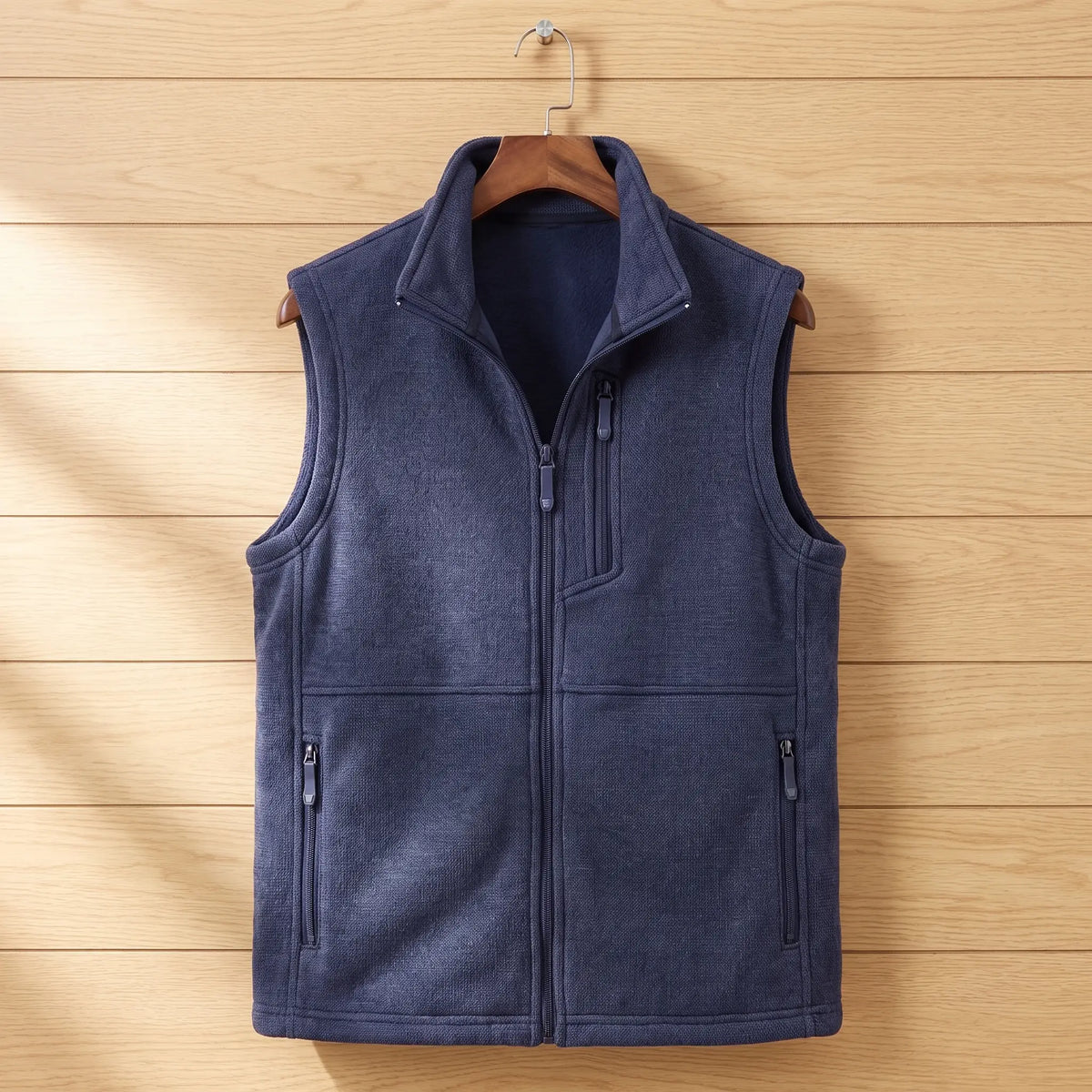 HEATHER FLEECE VEST in navy blue, men's knit-texture fleece full-zip vest with stand collar