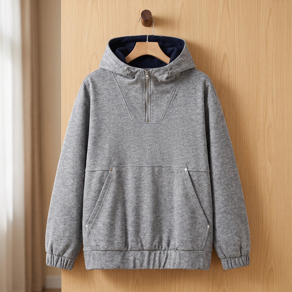 Heather half-zip hoodie in grey with navy-lined hood on a wooden hanger