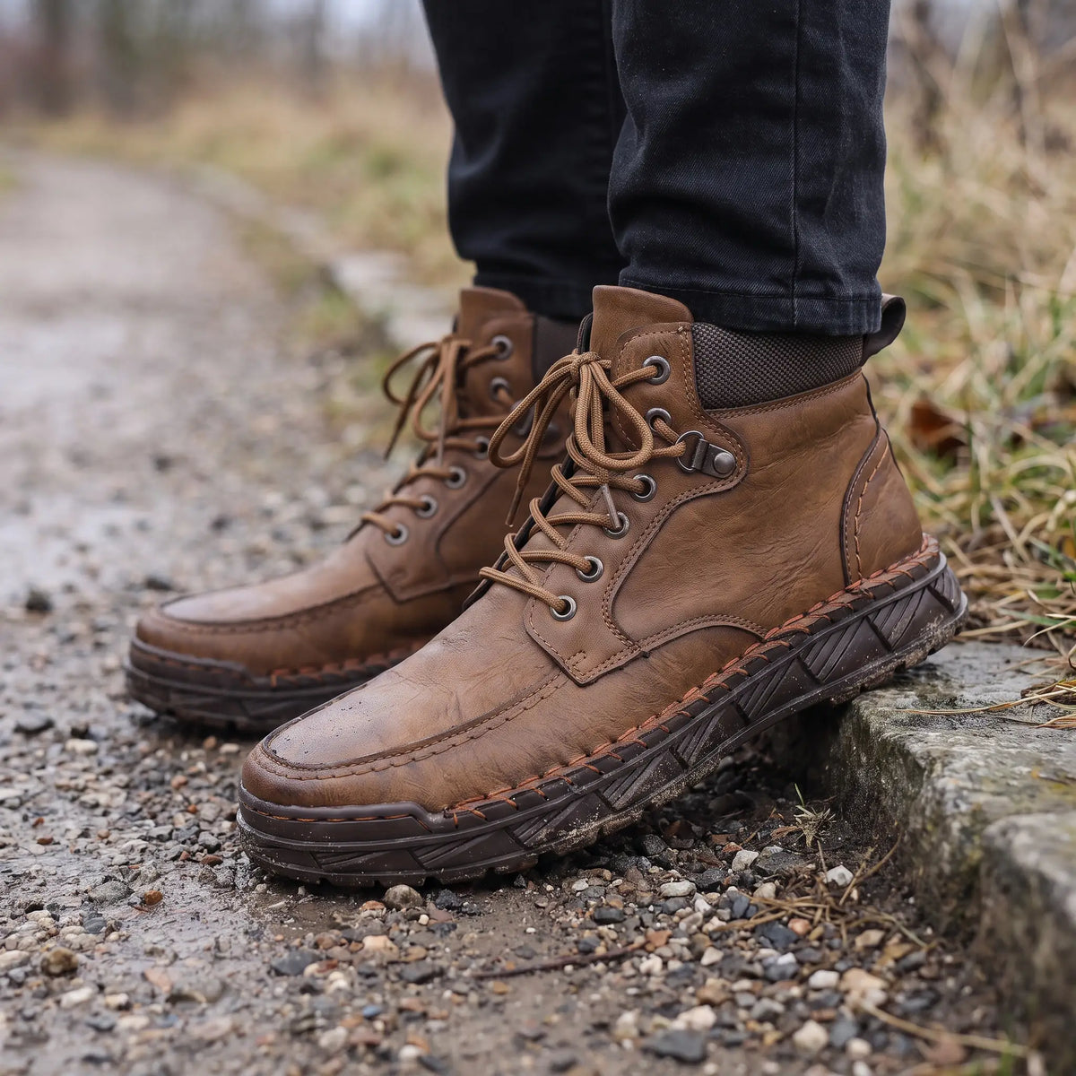 Man wearing the brown heavy lug boots outdoors on a gravel trail
