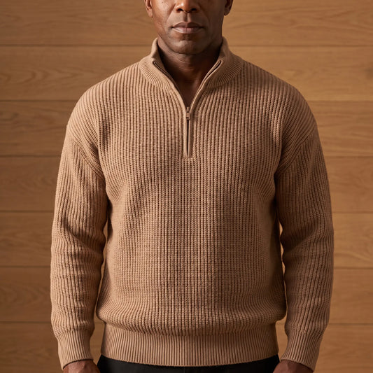 Khaki heavy rib knit quarter zip sweater for men with a stand collar