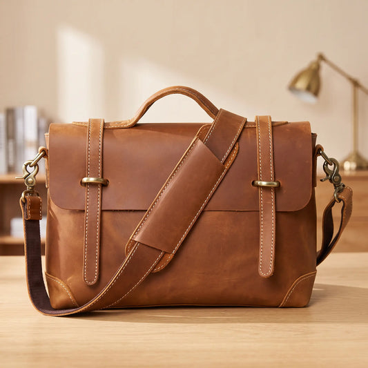 Heritage flap briefcase in tan genuine leather with brass ring strap loops and padded shoulder strap