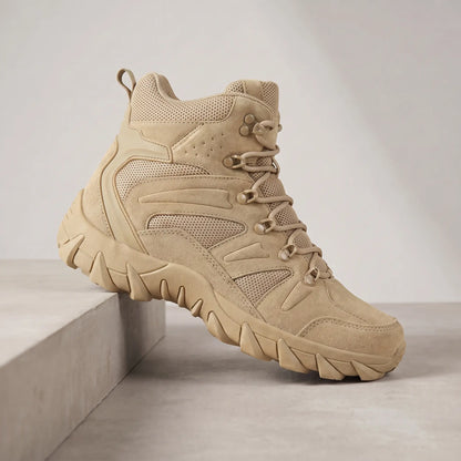 Khaki high-top tactical boots for men, suede lace-up boot on a concrete plinth