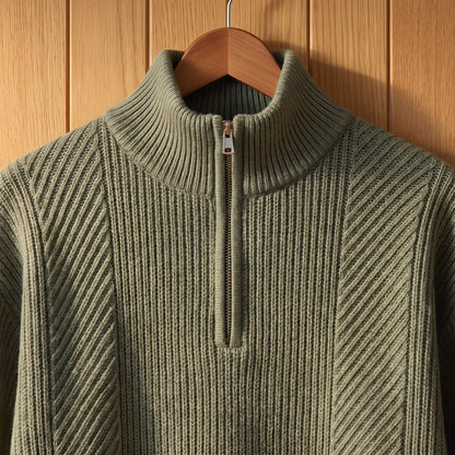 High Collar Sweater in Green, ribbed stand collar and half-zip close-up