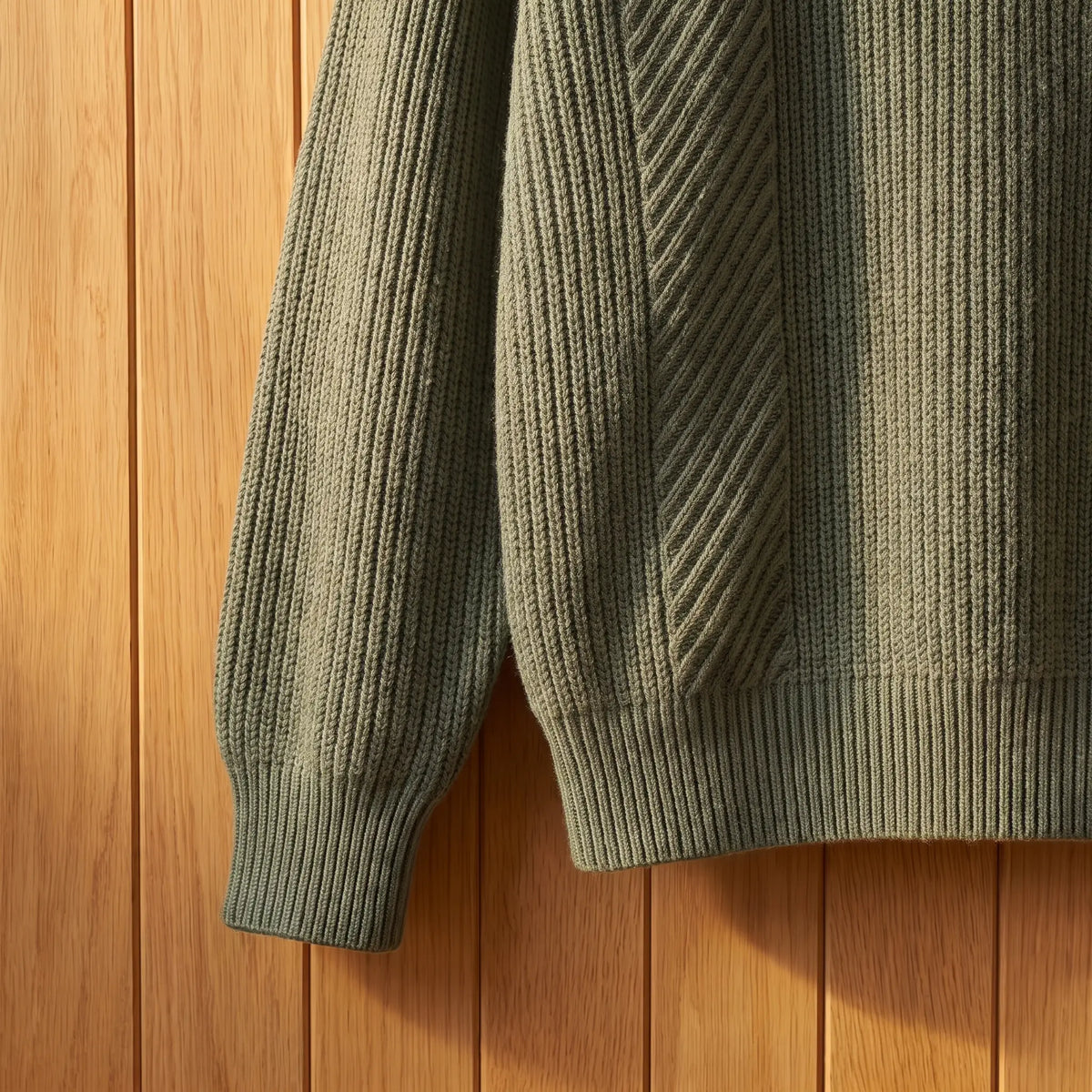 High Collar Sweater in Green, ribbed cuff and hem close-up