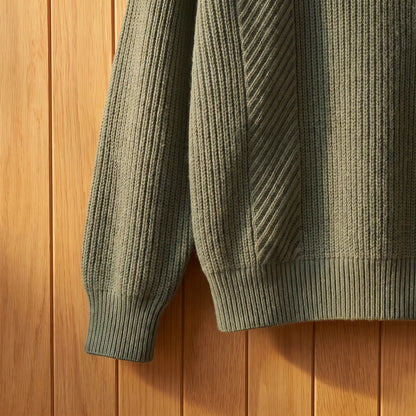 High Collar Sweater in Green, ribbed cuff and hem close-up