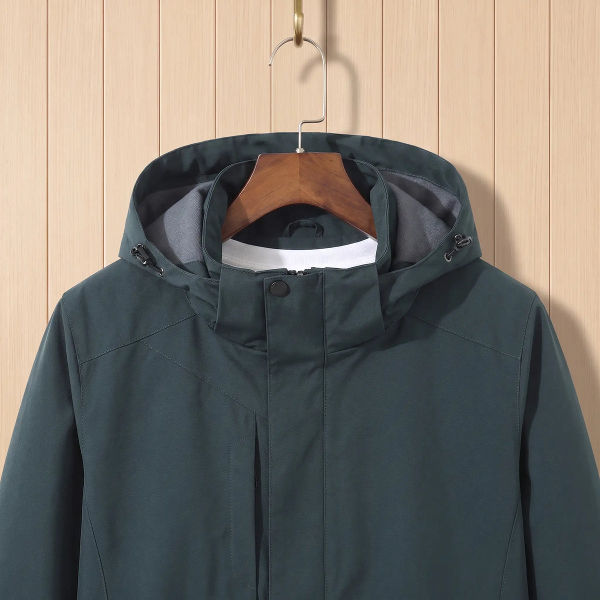 Hooded Outdoor Jacket in Dark Green, hood, snap collar tab and zip detail