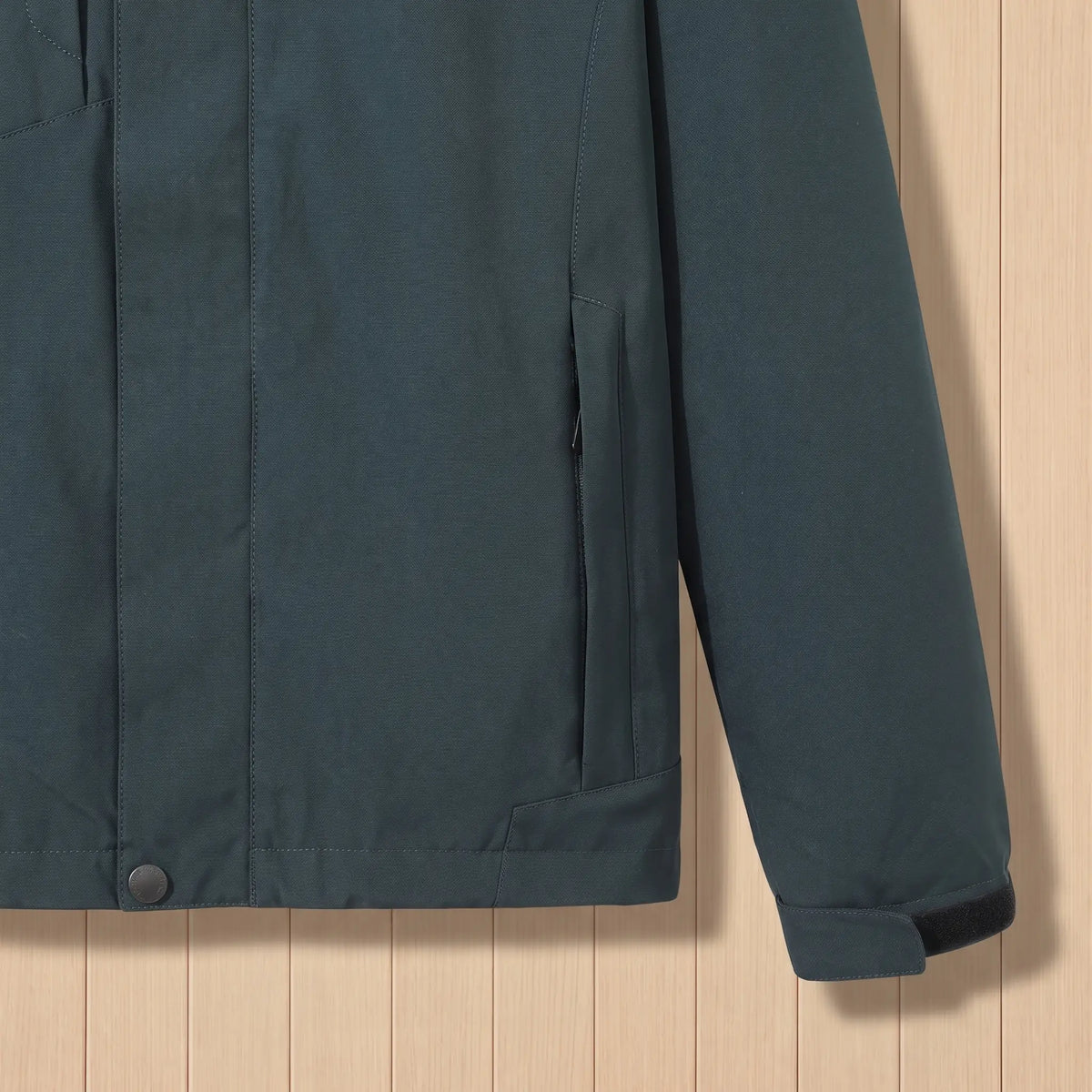 Hooded Outdoor Jacket in Dark Green, zip hand pocket, cuff tab and hem snap detail