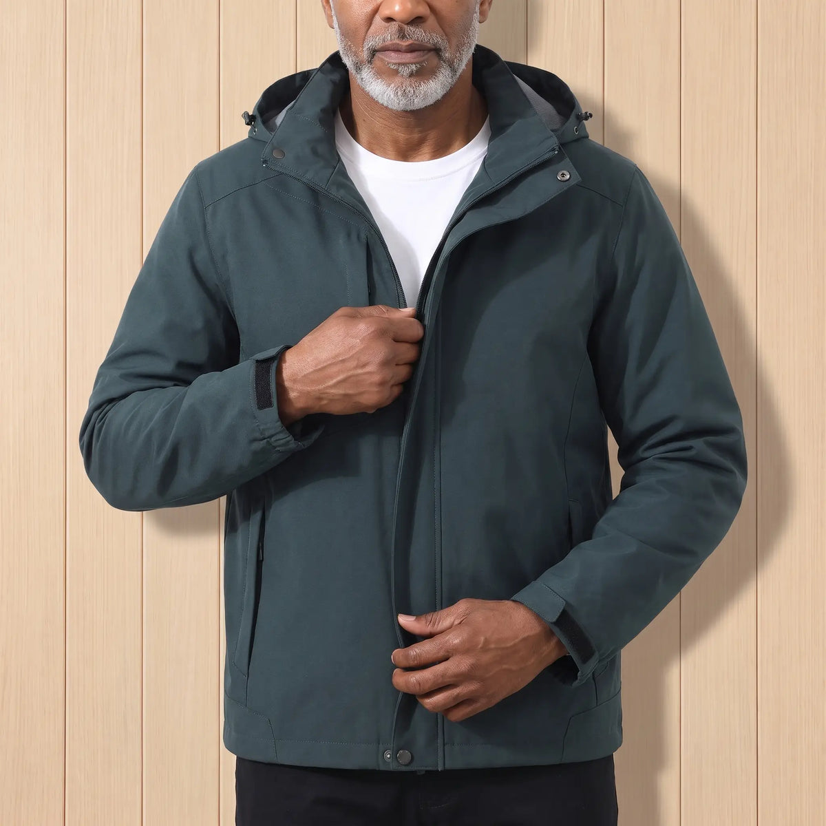 Hooded Outdoor Jacket in Dark Green, worn over a white tee