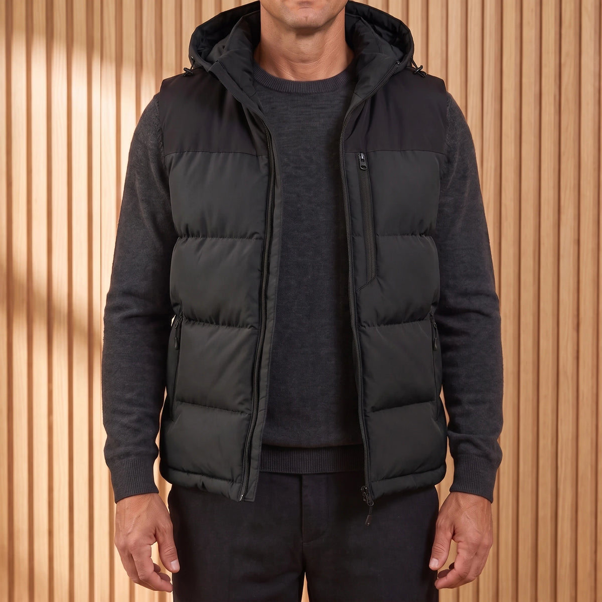 Men's black hooded puffer vest with quilted channels, worn open over a charcoal knit