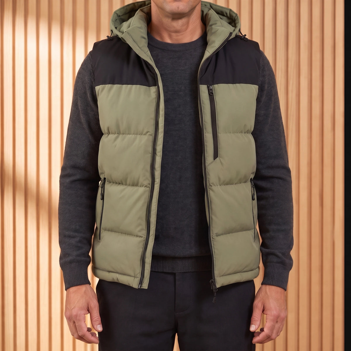 Men's green hooded puffer vest with black yoke, worn open over a charcoal knit