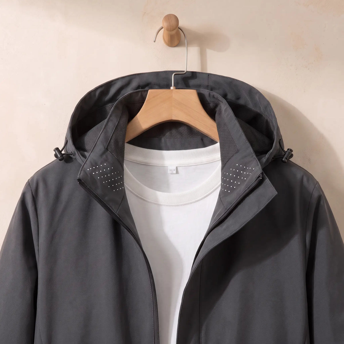 Hooded Zip Jacket in Dark Grey, hood and collar detail