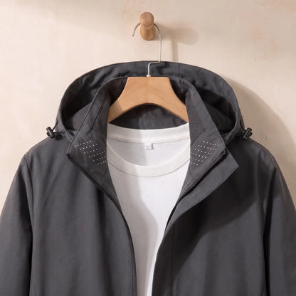 Hooded Zip Jacket in Dark Grey, hood and collar detail