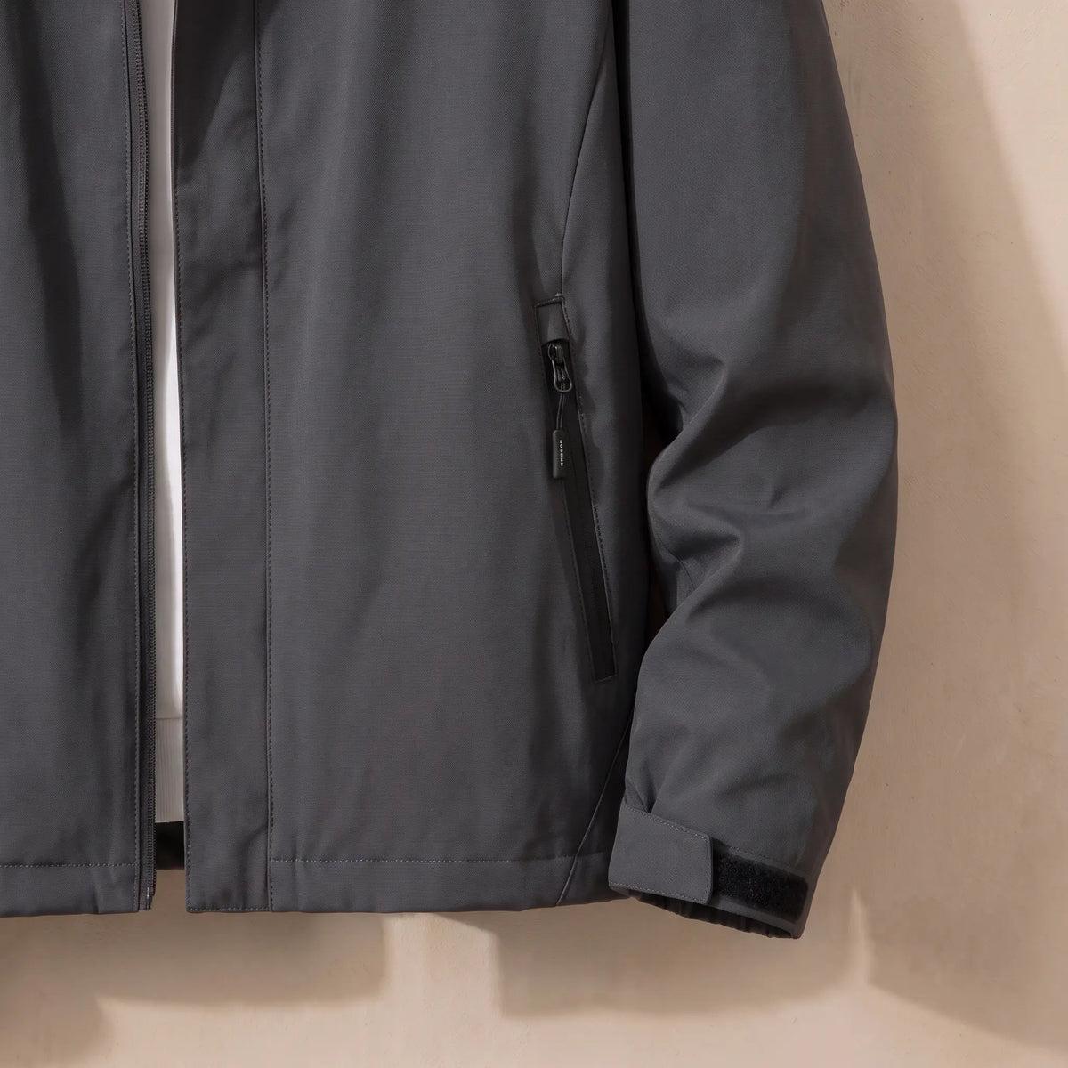 Hooded Zip Jacket in Dark Grey, zip pocket and cuff tab detail