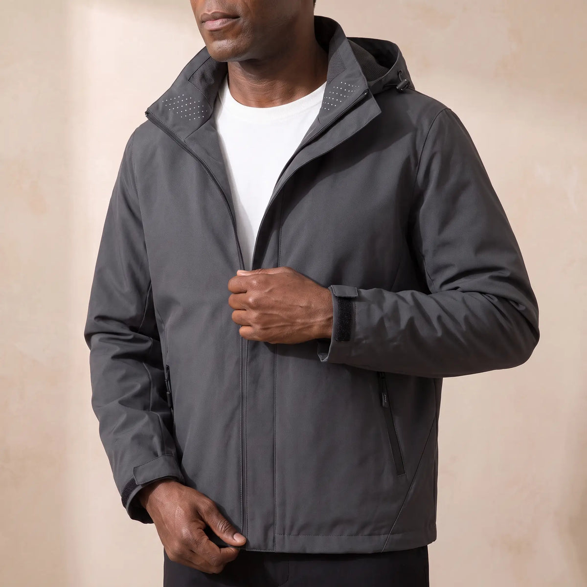 Hooded Zip Jacket in Dark Grey, worn over a white tee