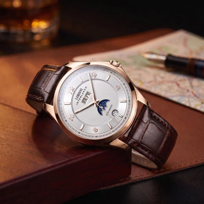 INTERLAKEN MOONPHASE WATCH Rose Gold White Brown - men's automatic moon phase watch, rose gold case, white dial, brown leather strap