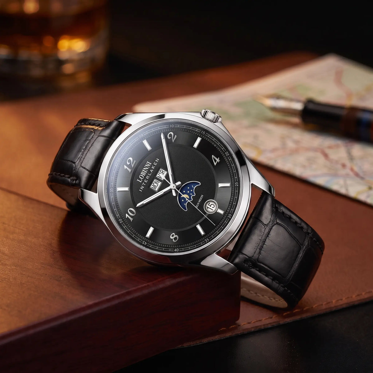 INTERLAKEN MOONPHASE WATCH Silver Black - men's automatic moon phase watch, silver case, black dial, black leather strap