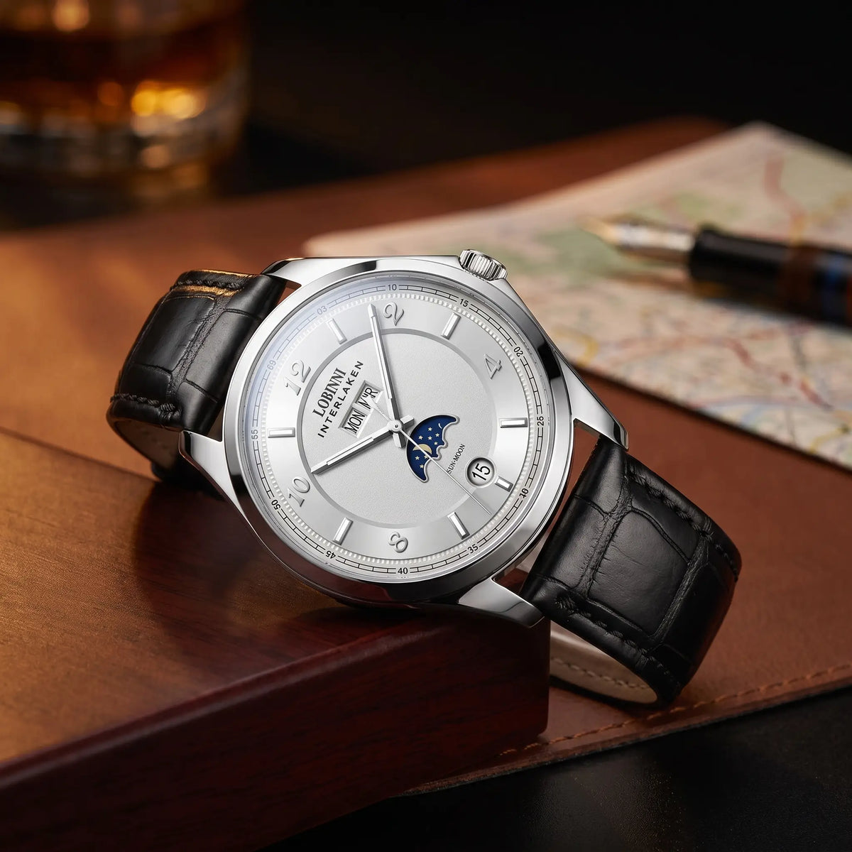 INTERLAKEN MOONPHASE WATCH Silver White - men's automatic moon phase watch, silver case, white dial, black leather strap