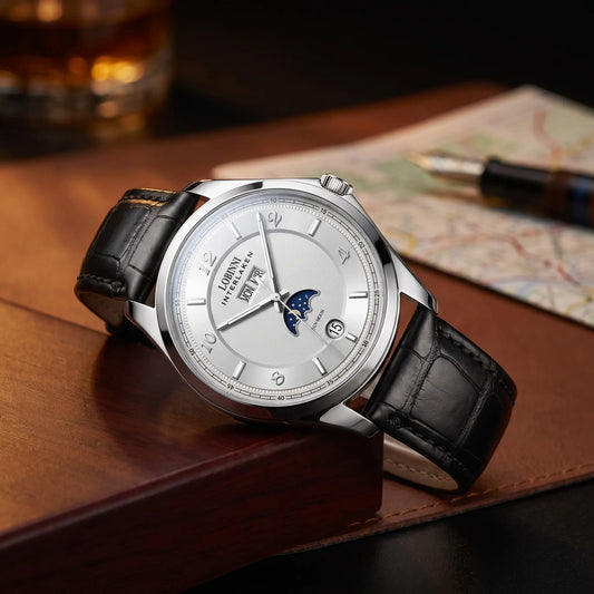 INTERLAKEN MOONPHASE WATCH Silver White - men's automatic moon phase watch, silver case, white dial, black leather strap