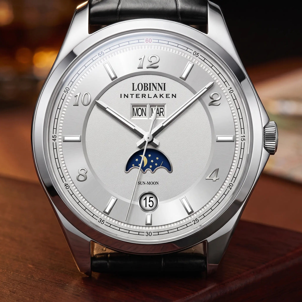 INTERLAKEN MOONPHASE WATCH Silver White dial close-up - day and month windows, moon phase and date at six