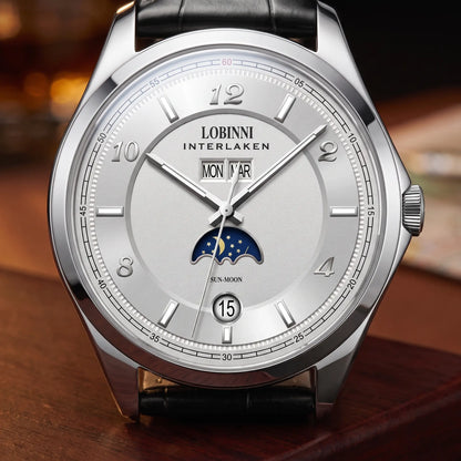 INTERLAKEN MOONPHASE WATCH Silver White dial close-up - day and month windows, moon phase and date at six