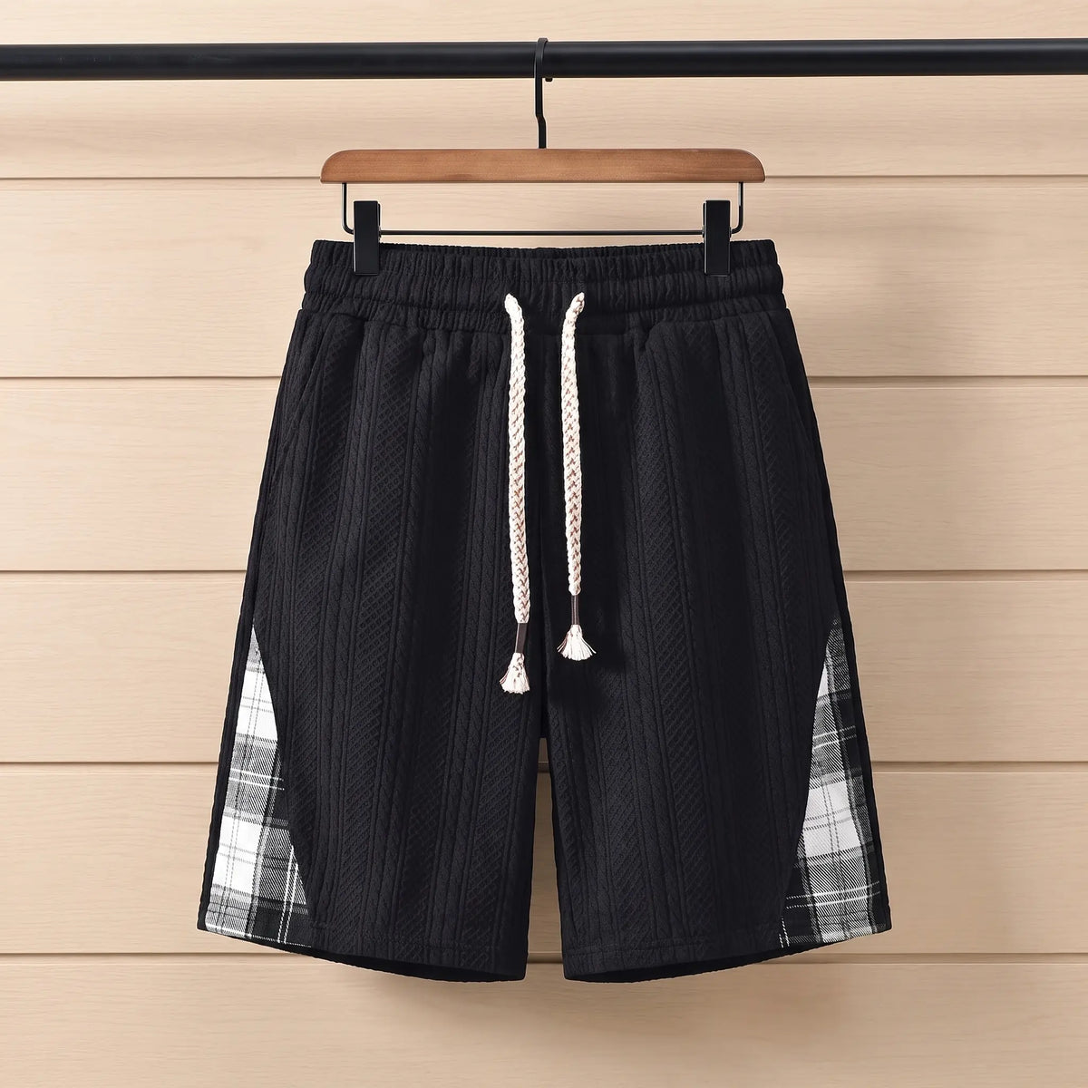 Jacquard Drawstring Shorts in Black with plaid side panels