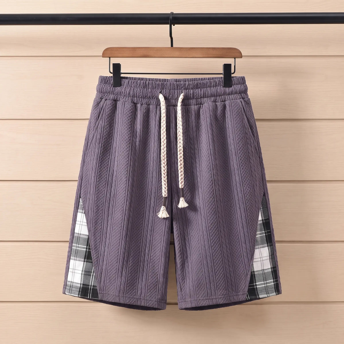 Jacquard Drawstring Shorts in Purple with plaid side panels