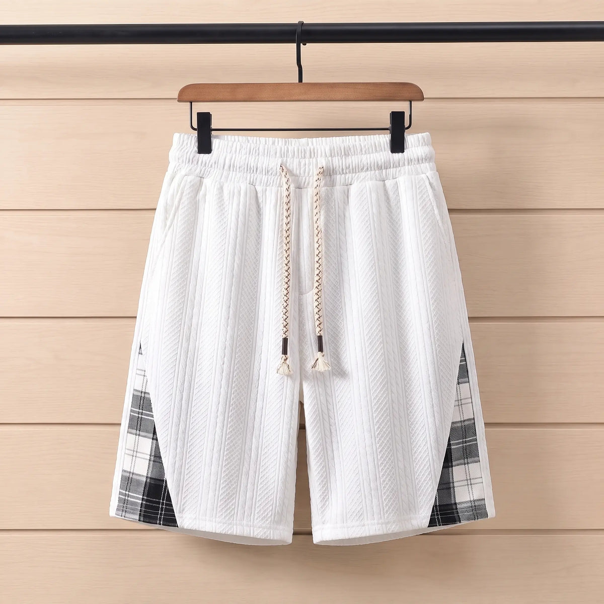 Jacquard Drawstring Shorts in White with plaid side panels
