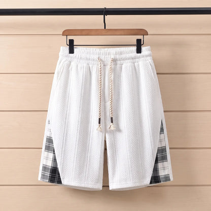 Jacquard Drawstring Shorts in White with plaid side panels