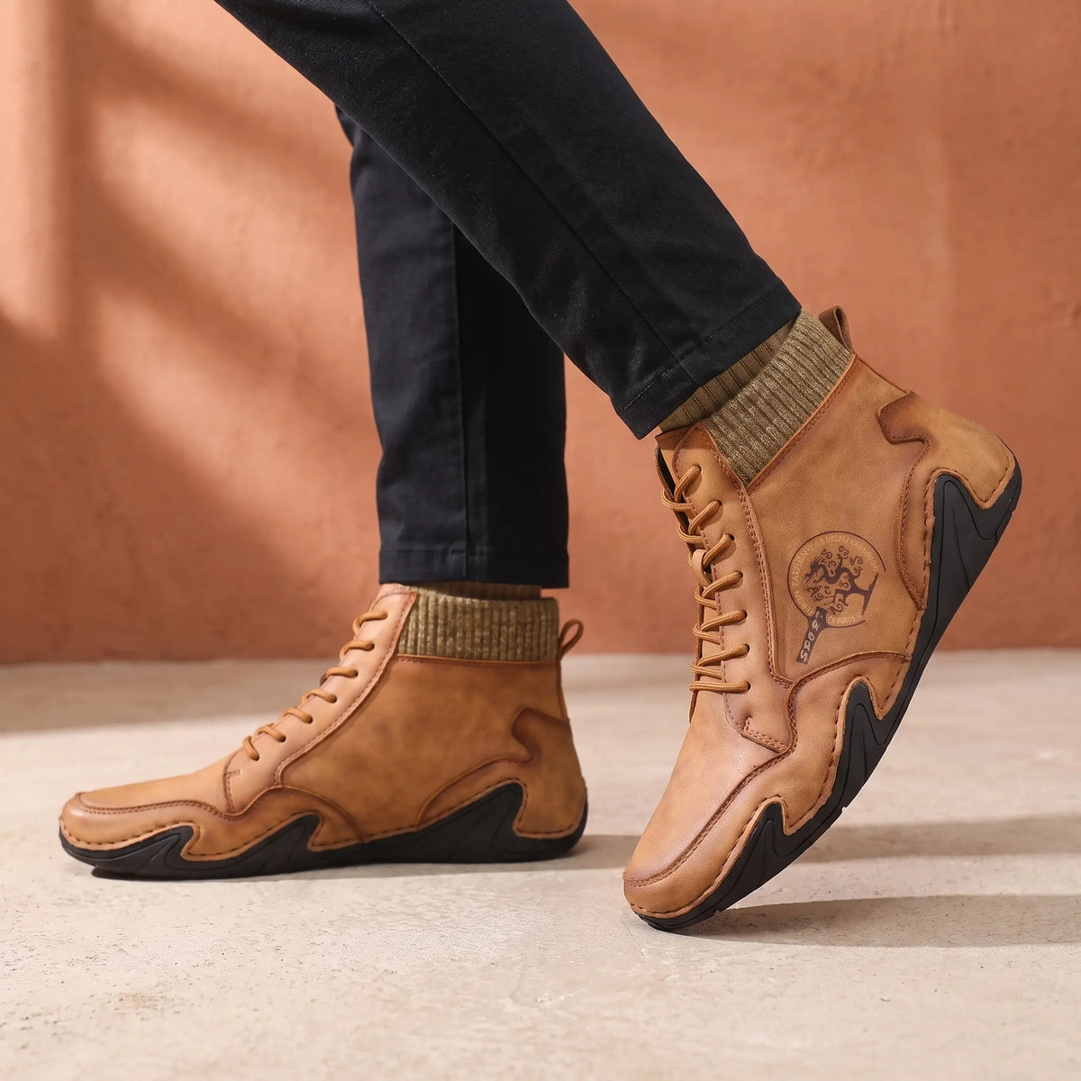 Man wearing brown knit collar leather boots