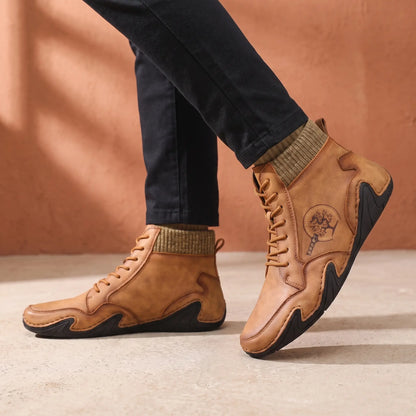 Man wearing brown knit collar leather boots